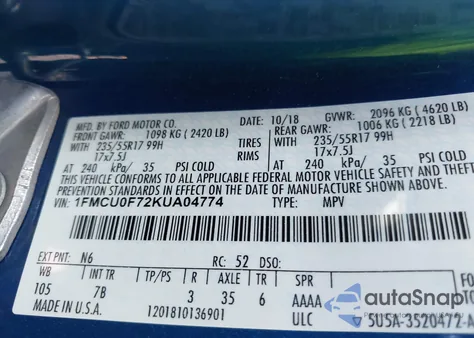 2019 Ford Escape S z USA, uszkodzony, nr VIN 1FMCU0F72KUA04774